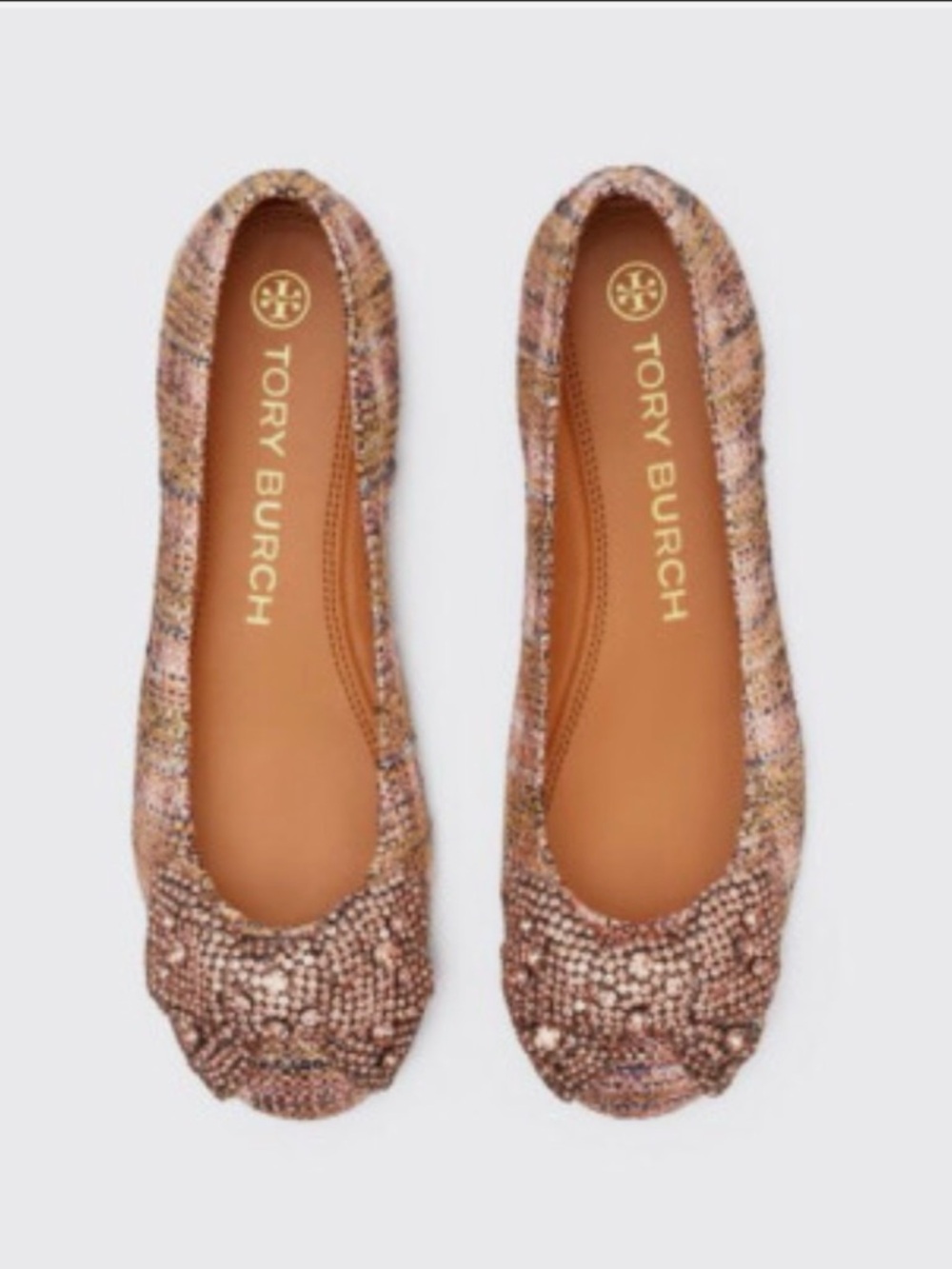 Tory Burch sz 8 Crystal Bow Pink Tweed Ballet Flats Rose Gold Bronze